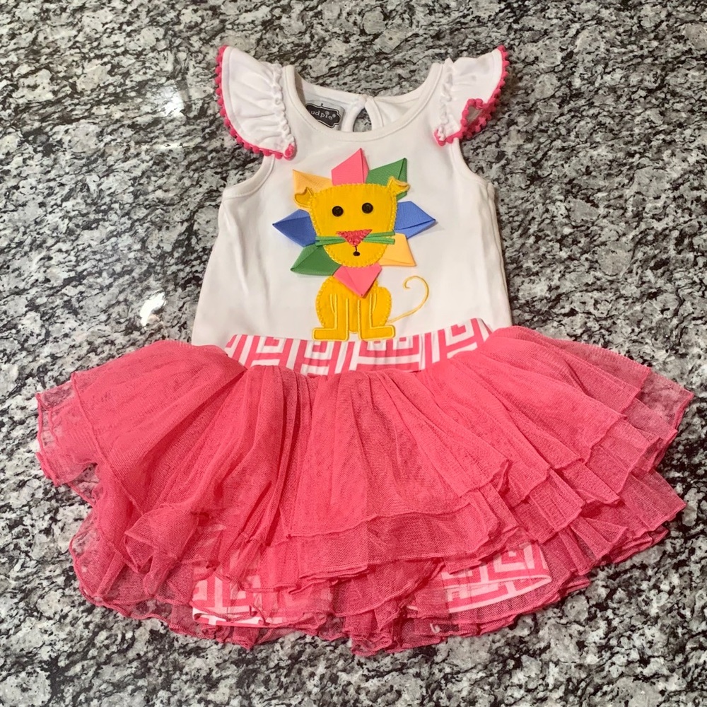 MUD PIE WORN 1X LION TUTU SKIRT SHORTS TOP SET 2PC OUTFIT SKORT PINK ADORABLE